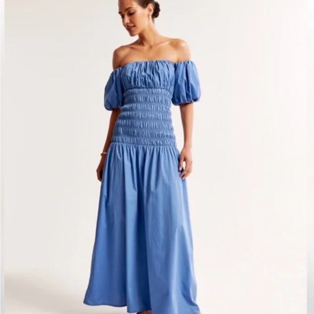 Abercrombie & Fitch Blue Off-Shoulder Smocked Maxi Dress